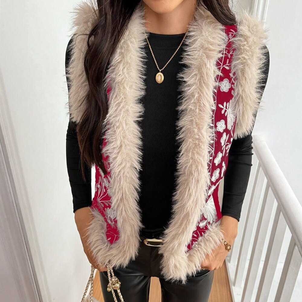 Burgundy Casual Women's Floral Patchwork Furry Vest Padded Padded Coat - Picture 5 of 5